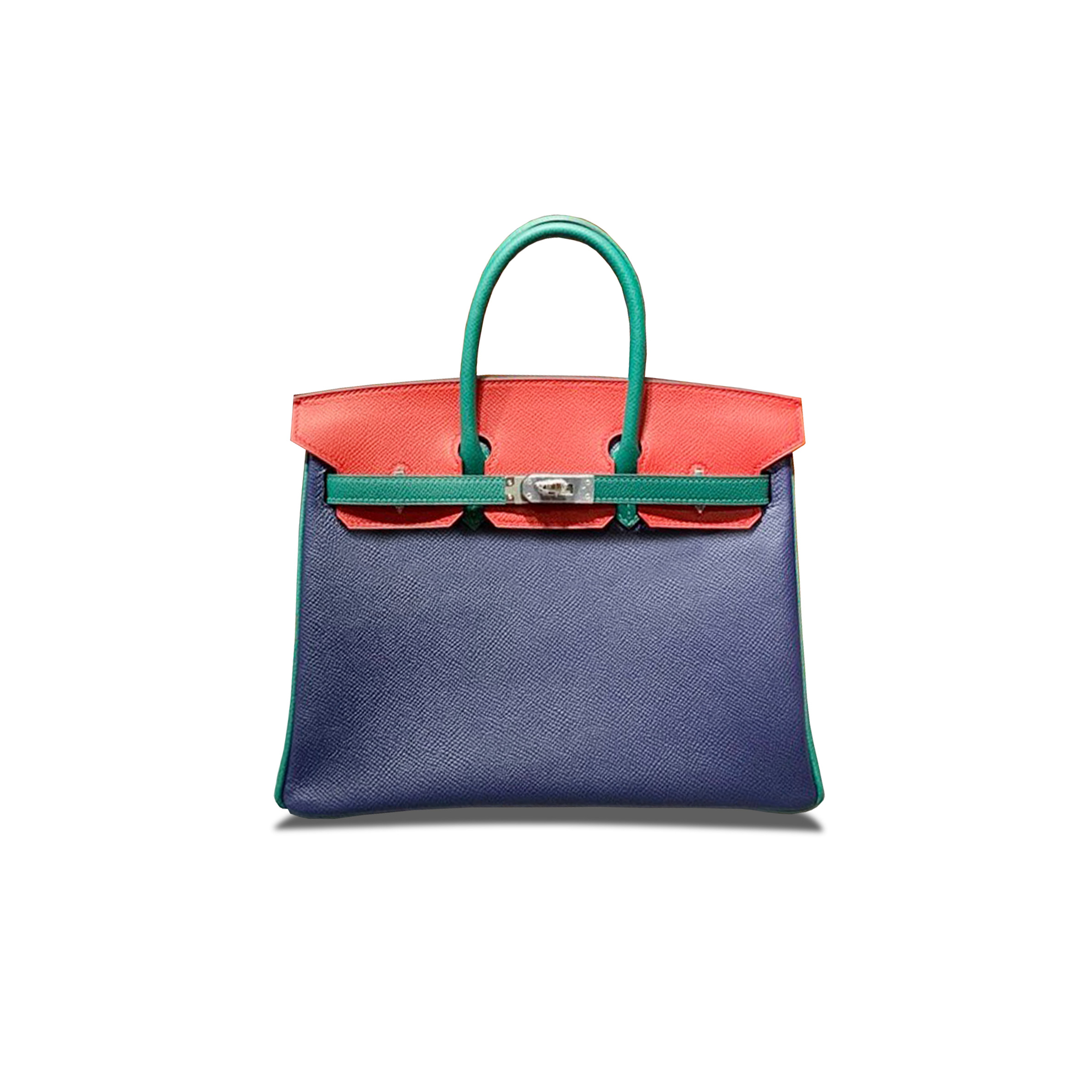 H**mes master birkin 25 epsom sapphire blue malachite green and bright red silver buckle h028362cc03 (25*18*13cm)